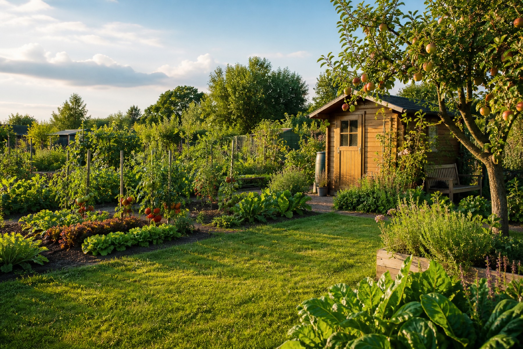 Allotment gardens with sheds and beds