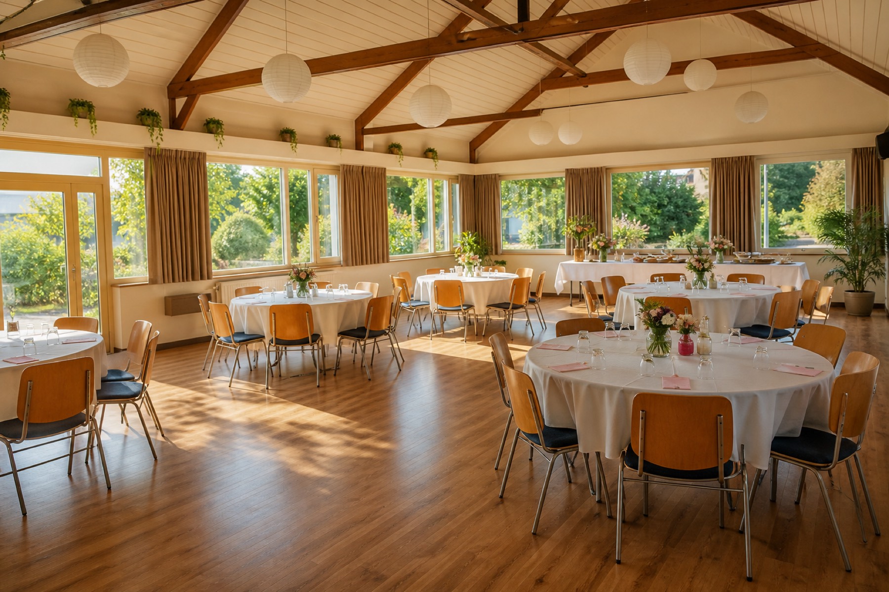 Club room with tables and windows to the garden