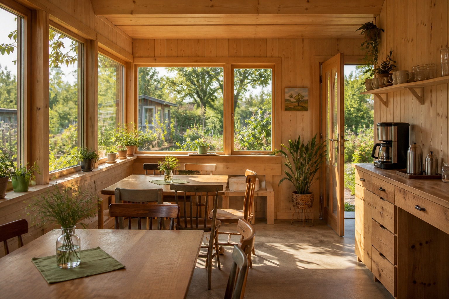 Cosy club room with wooden tables overlooking the allotment